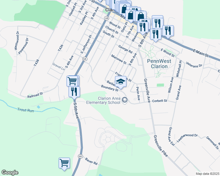 map of restaurants, bars, coffee shops, grocery stores, and more near 724 Boundary Street in Clarion