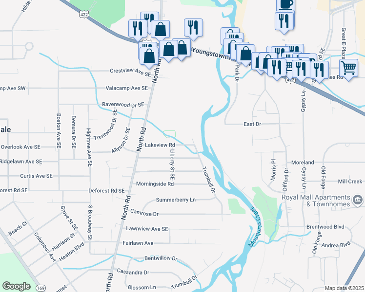 map of restaurants, bars, coffee shops, grocery stores, and more near 124 Lakeview Road in Warren