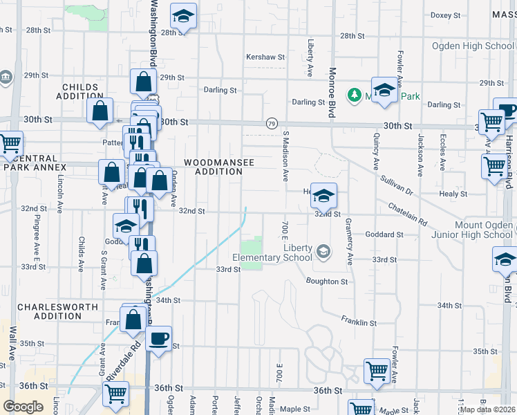 map of restaurants, bars, coffee shops, grocery stores, and more near 634 32nd Street in Ogden