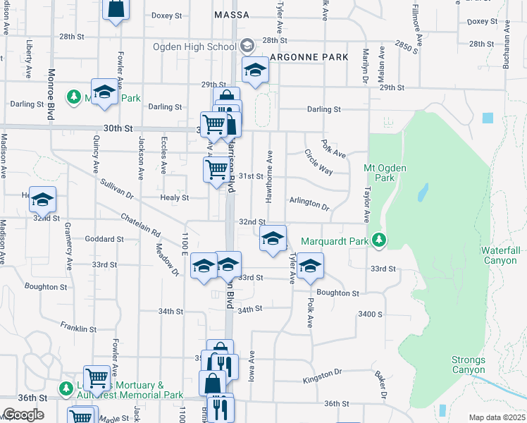 map of restaurants, bars, coffee shops, grocery stores, and more near 3167 Hawthorne Ave in Ogden