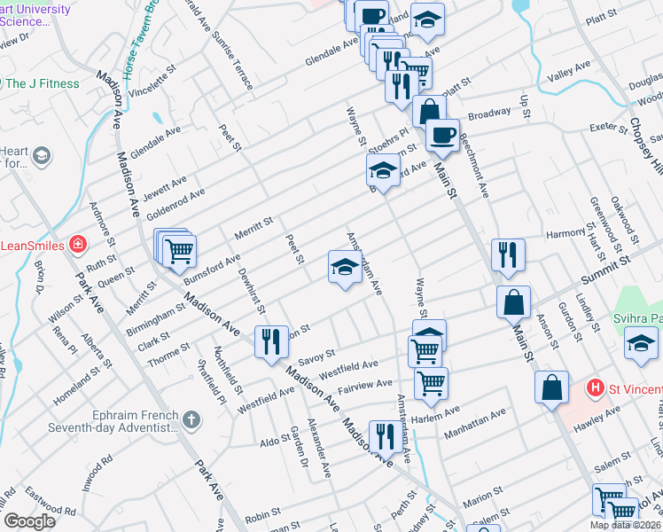 map of restaurants, bars, coffee shops, grocery stores, and more near 414 Thorme Street in Bridgeport