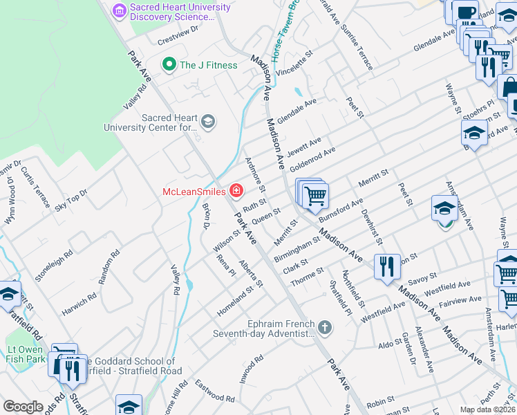 map of restaurants, bars, coffee shops, grocery stores, and more near 846 Ruth Street in Bridgeport