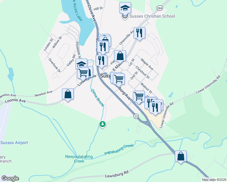 map of restaurants, bars, coffee shops, grocery stores, and more near 17 Walling Avenue in Sussex