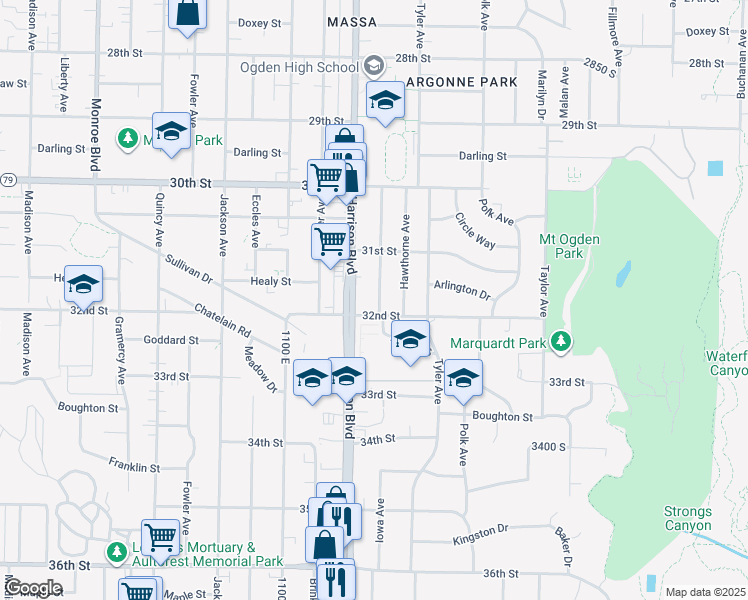 map of restaurants, bars, coffee shops, grocery stores, and more near 3175 Iowa Avenue in Ogden