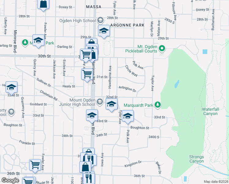 map of restaurants, bars, coffee shops, grocery stores, and more near 3173 Tyler Avenue in Ogden