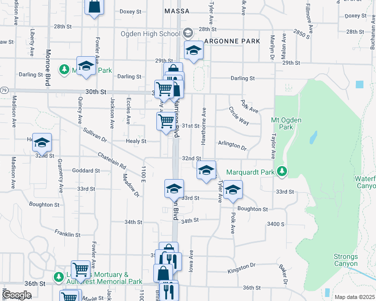 map of restaurants, bars, coffee shops, grocery stores, and more near 3175 Iowa Avenue in Ogden