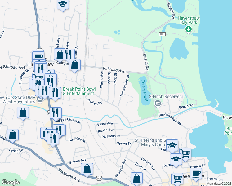 map of restaurants, bars, coffee shops, grocery stores, and more near 32 Peck Street in West Haverstraw