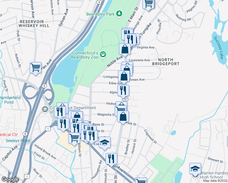 map of restaurants, bars, coffee shops, grocery stores, and more near 173 Alpine Street in Bridgeport