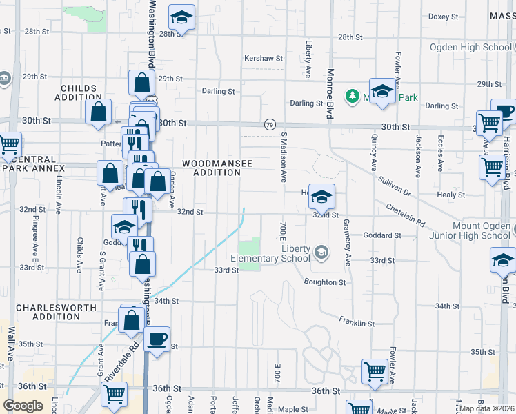 map of restaurants, bars, coffee shops, grocery stores, and more near 634 32nd Street in Ogden