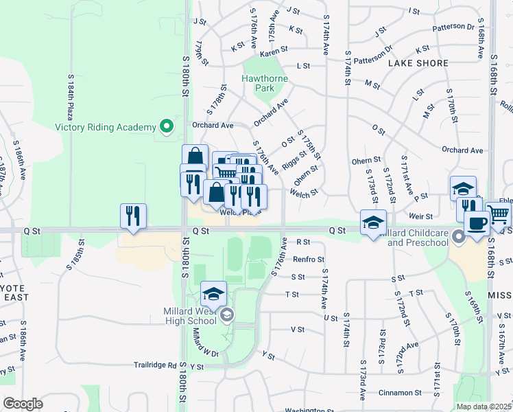 map of restaurants, bars, coffee shops, grocery stores, and more near 17666 Welch Plaza in Omaha