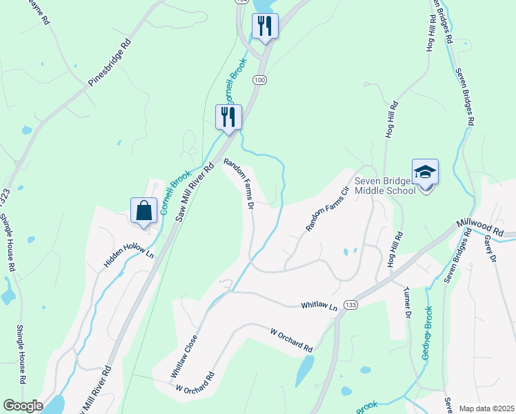 map of restaurants, bars, coffee shops, grocery stores, and more near 25 Random Farms Drive in Chappaqua