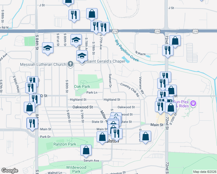 map of restaurants, bars, coffee shops, grocery stores, and more near 5121 South 77th Avenue in Omaha