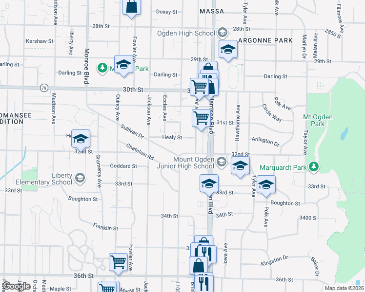 map of restaurants, bars, coffee shops, grocery stores, and more near 1109 Healy Street in Ogden
