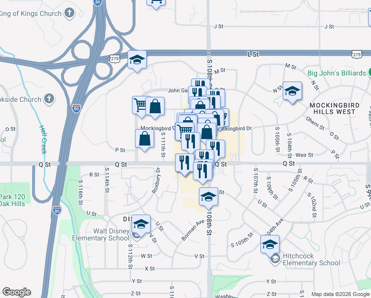 map of restaurants, bars, coffee shops, grocery stores, and more near 5065 South 111th Street in Omaha