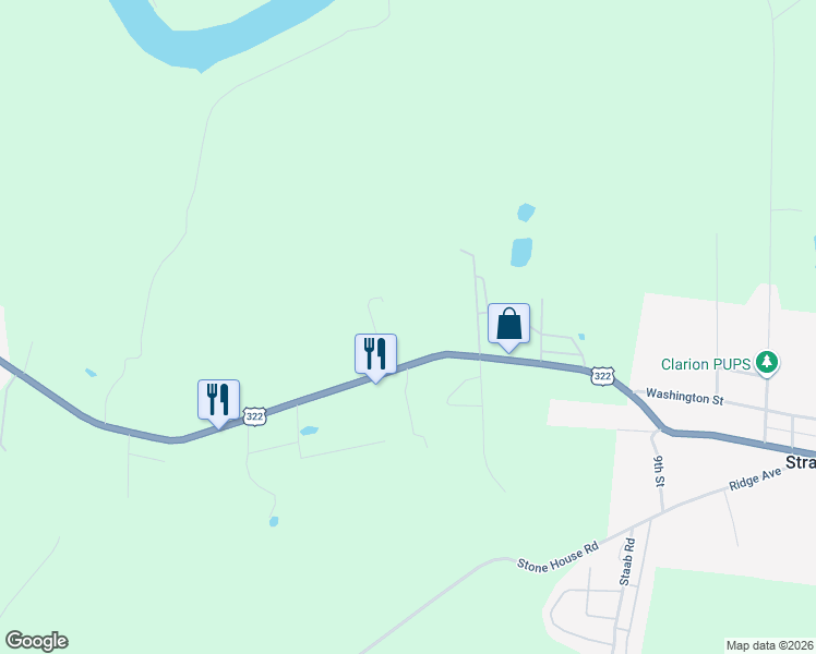 map of restaurants, bars, coffee shops, grocery stores, and more near 15877-16029 Route 322 in Clarion