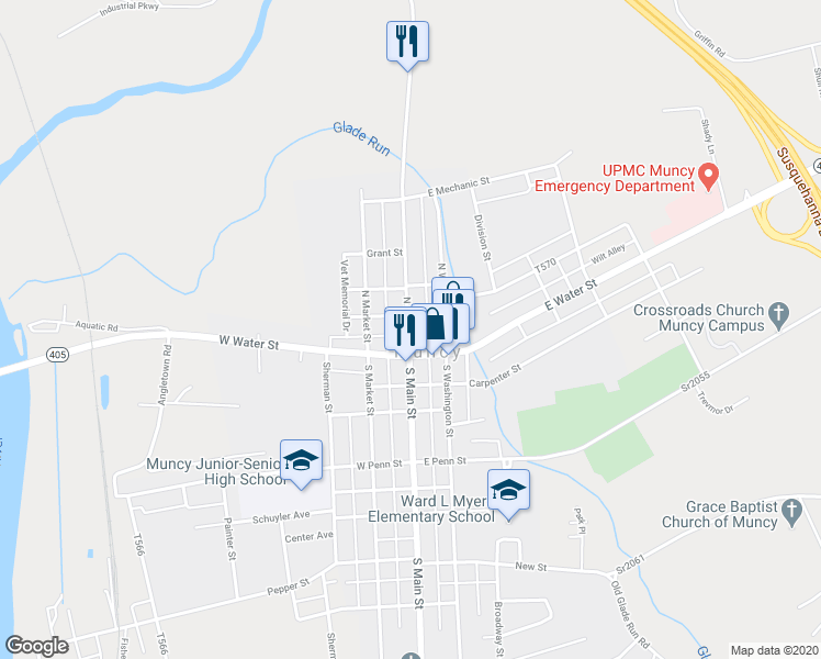 map of restaurants, bars, coffee shops, grocery stores, and more near 27 North Main Street in Muncy