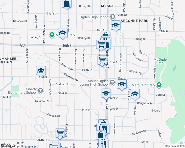 map of restaurants, bars, coffee shops, grocery stores, and more near 1109 Healy Street in Ogden