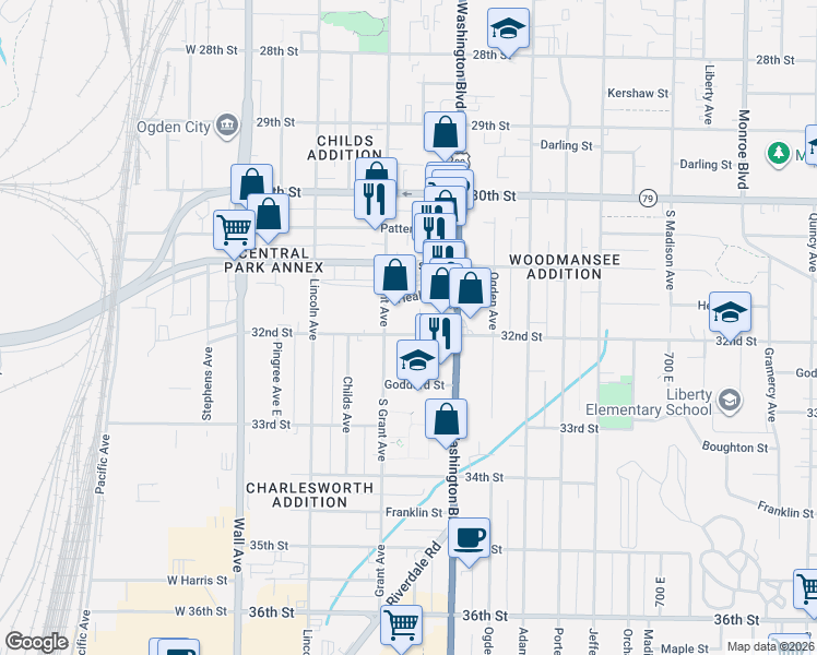 map of restaurants, bars, coffee shops, grocery stores, and more near 3170 Kiesel Avenue in Ogden