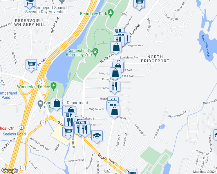 map of restaurants, bars, coffee shops, grocery stores, and more near 197 Alpine Street in Bridgeport