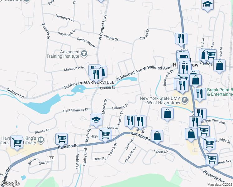 map of restaurants, bars, coffee shops, grocery stores, and more near 25 Church Street in West Haverstraw