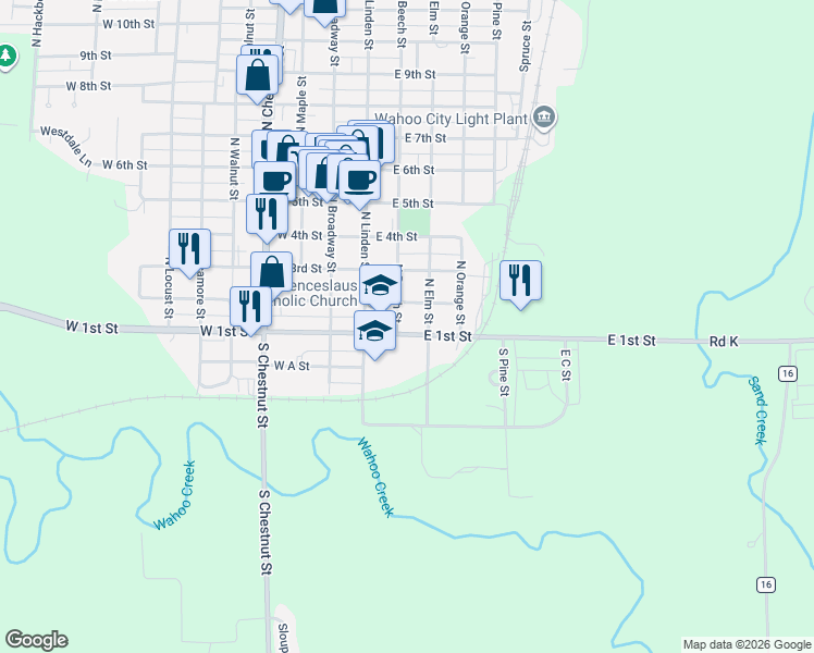 map of restaurants, bars, coffee shops, grocery stores, and more near 344 East 1st Street in Wahoo