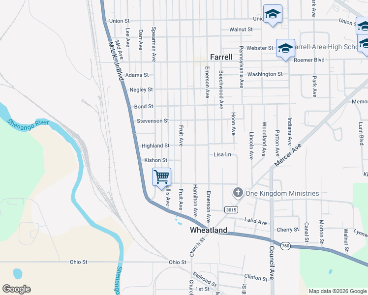 map of restaurants, bars, coffee shops, grocery stores, and more near 221 Fruit Avenue in Farrell