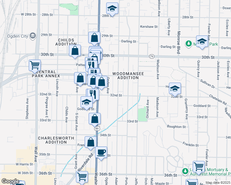 map of restaurants, bars, coffee shops, grocery stores, and more near 3183 Adams Avenue in Ogden