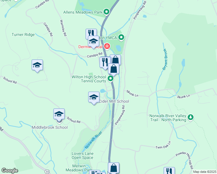 map of restaurants, bars, coffee shops, grocery stores, and more near 131 School Road in Wilton