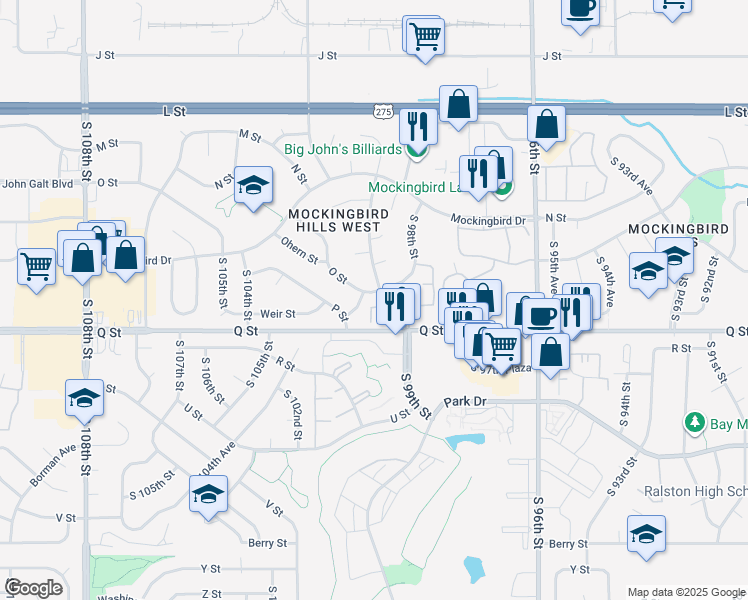map of restaurants, bars, coffee shops, grocery stores, and more near 9930 Weir Plaza in Omaha