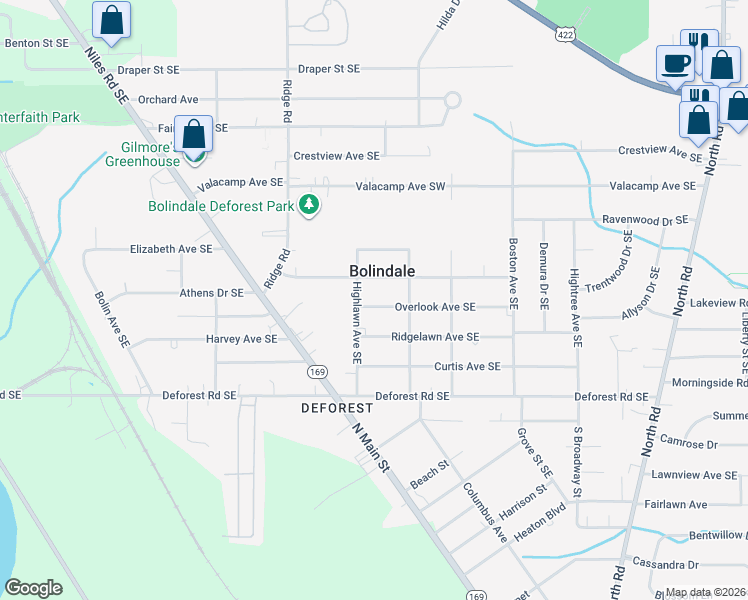 map of restaurants, bars, coffee shops, grocery stores, and more near 3241 Overlook Avenue Southeast in Warren