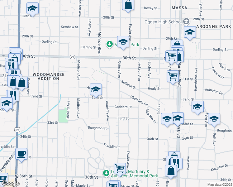 map of restaurants, bars, coffee shops, grocery stores, and more near 3179 Quincy Avenue in Ogden