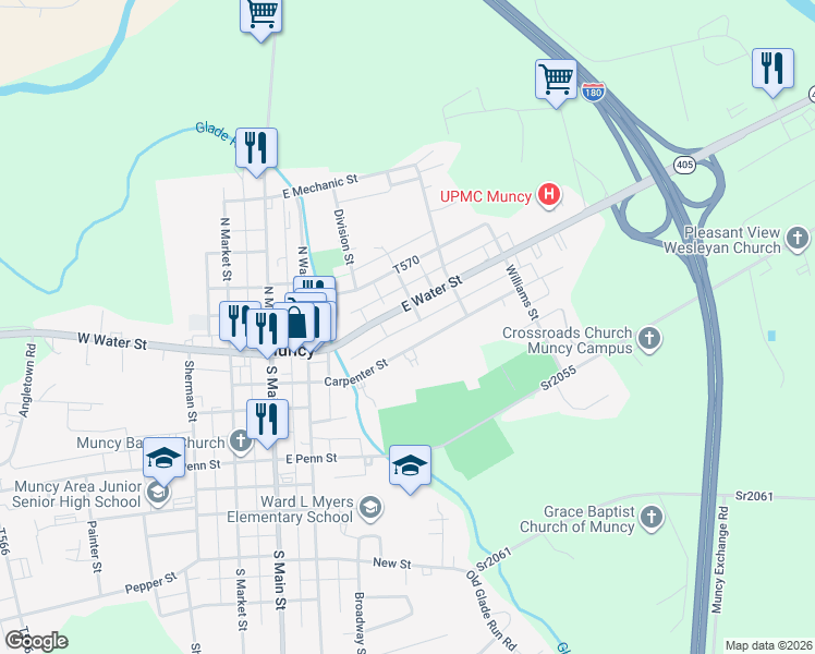 map of restaurants, bars, coffee shops, grocery stores, and more near Griggs Alley in Muncy