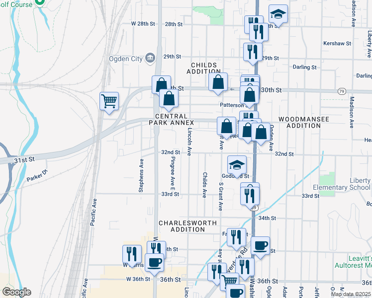 map of restaurants, bars, coffee shops, grocery stores, and more near 3185 Lincoln Avenue in Ogden