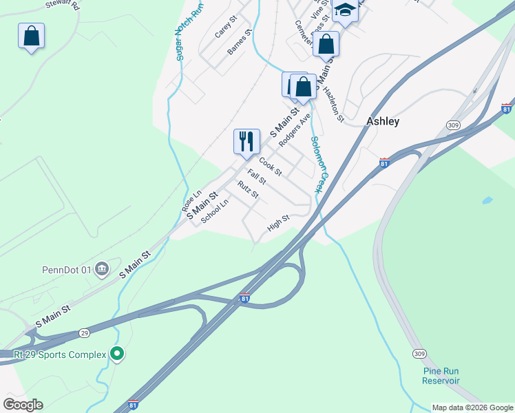 map of restaurants, bars, coffee shops, grocery stores, and more near 12 Black Street in Ashley