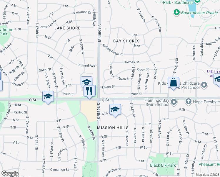map of restaurants, bars, coffee shops, grocery stores, and more near 16615 Ehlers Street in Omaha