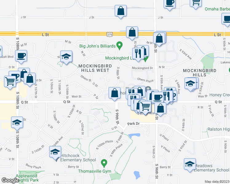map of restaurants, bars, coffee shops, grocery stores, and more near 9908 Weir Plaza in Omaha