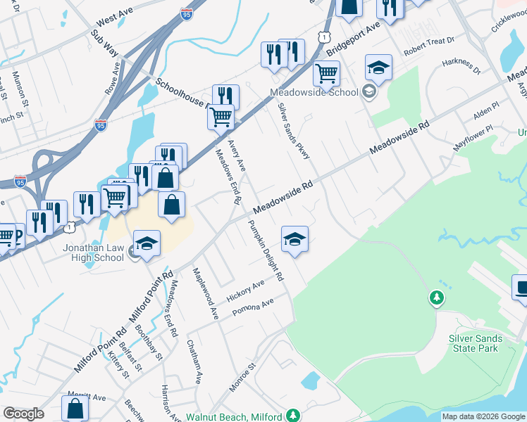 map of restaurants, bars, coffee shops, grocery stores, and more near 446 Meadowside Road in Milford