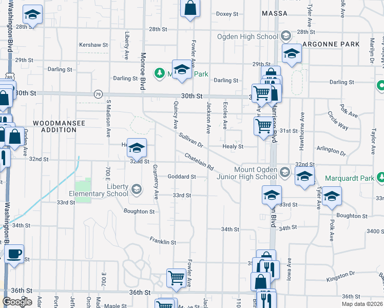 map of restaurants, bars, coffee shops, grocery stores, and more near 936 Chatelain Road in Ogden