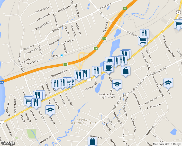 map of restaurants, bars, coffee shops, grocery stores, and more near 454 Bridgeport Avenue in Milford