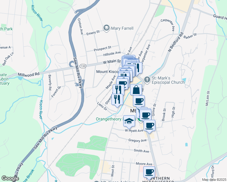 map of restaurants, bars, coffee shops, grocery stores, and more near 18 Stewart Place in Mount Kisco
