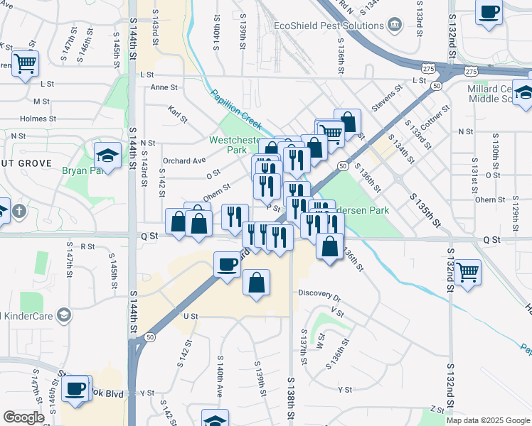 map of restaurants, bars, coffee shops, grocery stores, and more near 13805 P Street in Omaha