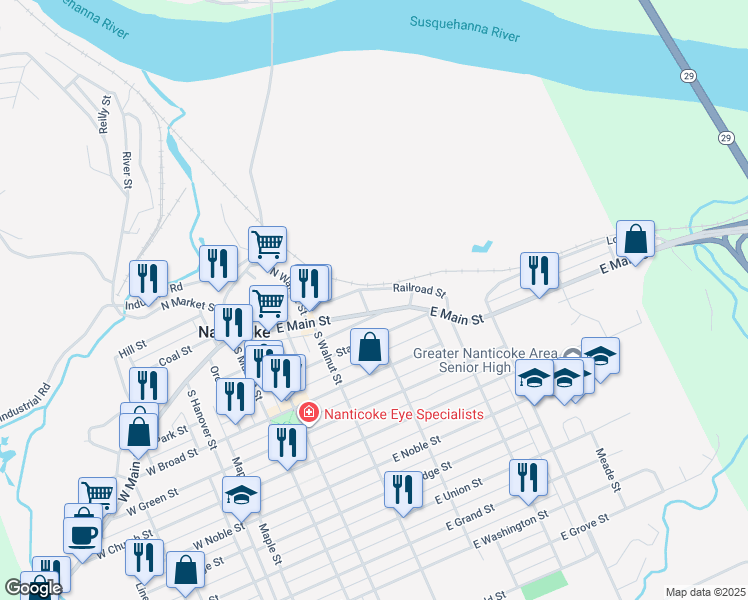 map of restaurants, bars, coffee shops, grocery stores, and more near 357 Railroad Street in Nanticoke