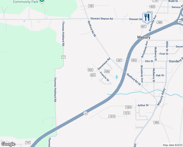 map of restaurants, bars, coffee shops, grocery stores, and more near 1392 Stevenson Road in Masury