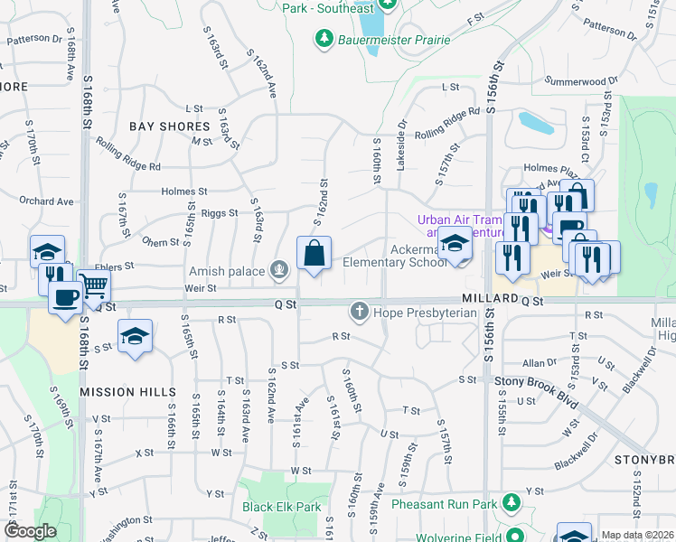 map of restaurants, bars, coffee shops, grocery stores, and more near 5062 South 160th Circle in Omaha