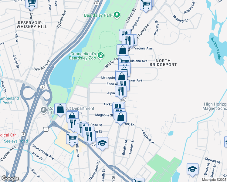 map of restaurants, bars, coffee shops, grocery stores, and more near 173 Alpine Street in Bridgeport