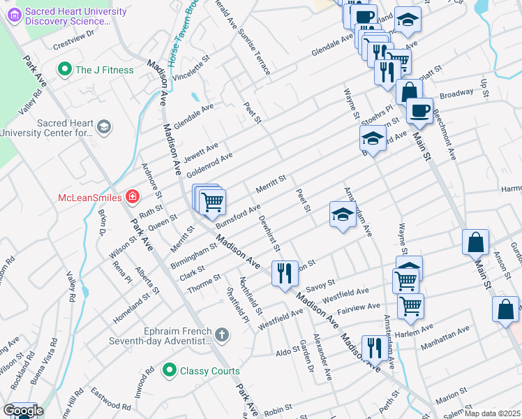 map of restaurants, bars, coffee shops, grocery stores, and more near 555 Burnsford Avenue in Bridgeport