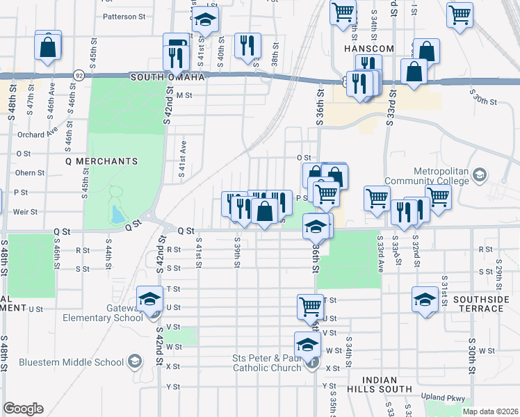 map of restaurants, bars, coffee shops, grocery stores, and more near 5110 South 39th Street in Omaha