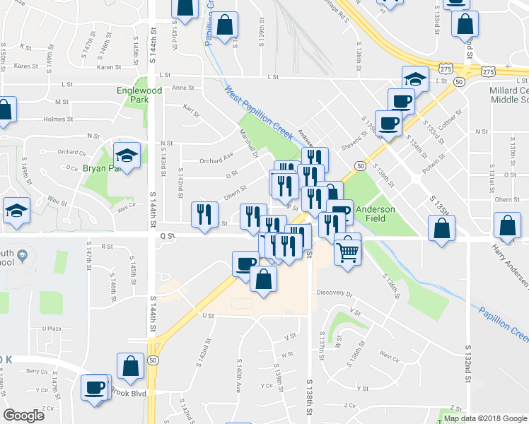 map of restaurants, bars, coffee shops, grocery stores, and more near 13911 P Street in Omaha