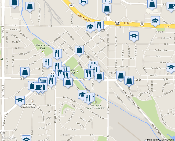 map of restaurants, bars, coffee shops, grocery stores, and more near 5036 South 136th Street in Omaha