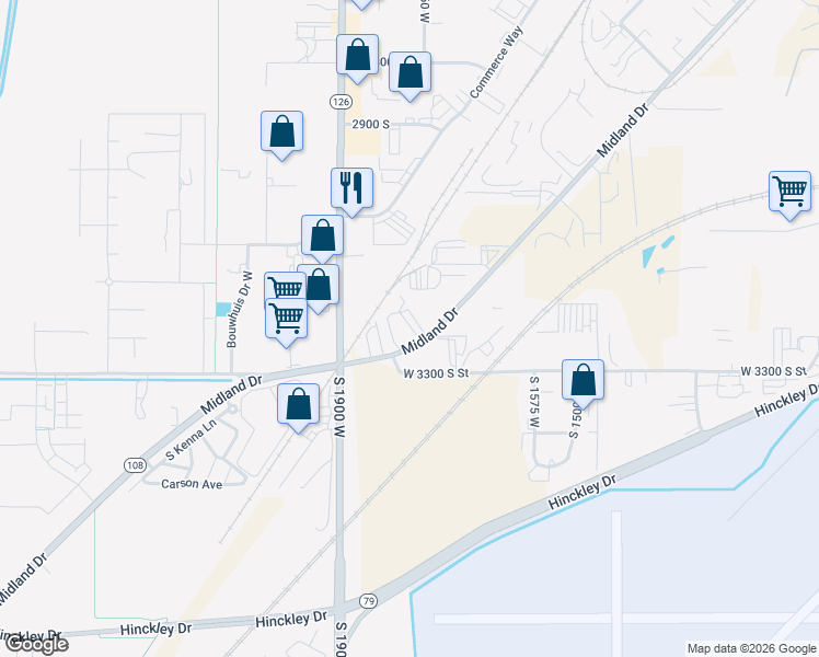 map of restaurants, bars, coffee shops, grocery stores, and more near 3171 Midland Drive in Ogden